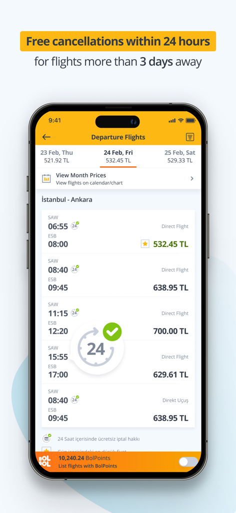 Pegasus Flug-App-Oberfläche mit Flugsuchergebnissen und Hervorhebung der 24-Stunden-kostenlosen Stornierungsrichtlinie.