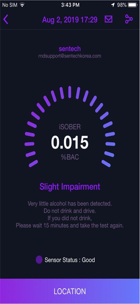 i-SOBER app interface showing a 0.015 percent BAC test result with a slight impairment warning