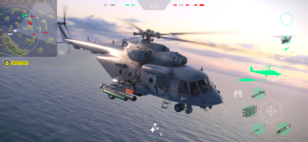 Modern Warships: Naval Battles - An attack helicopter flying over the ocean in Modern Warships Naval Battles mobile gameplay
