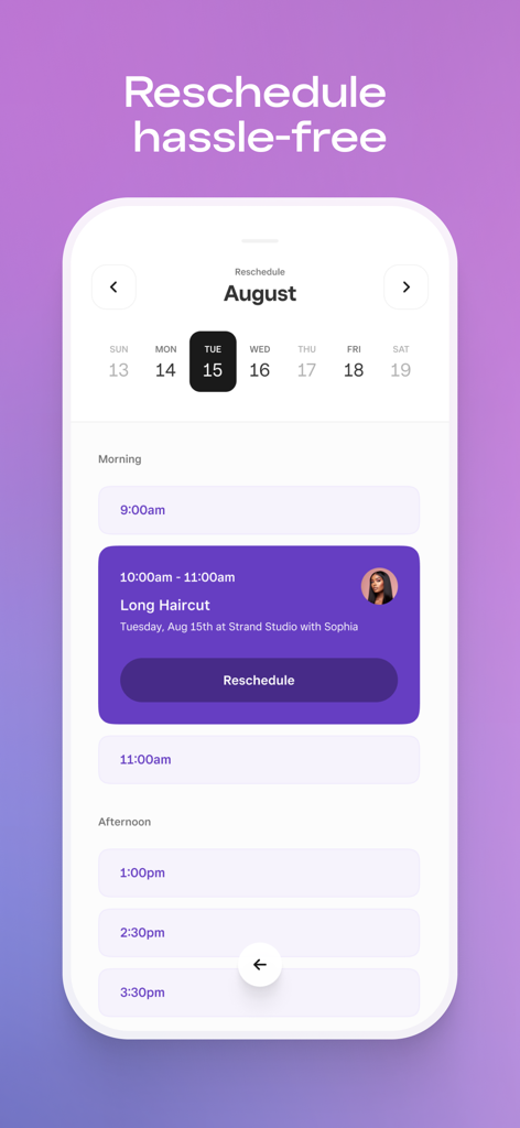 Square Go app interface showing a calendar and a button to reschedule a hair appointment.