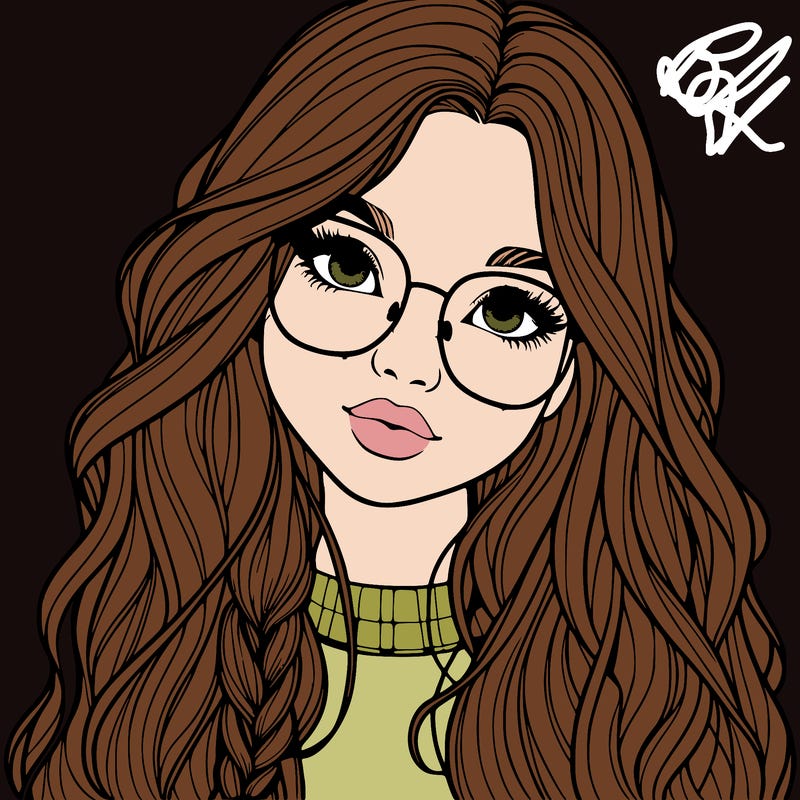 girl with long hair and freckles and glasses realistic