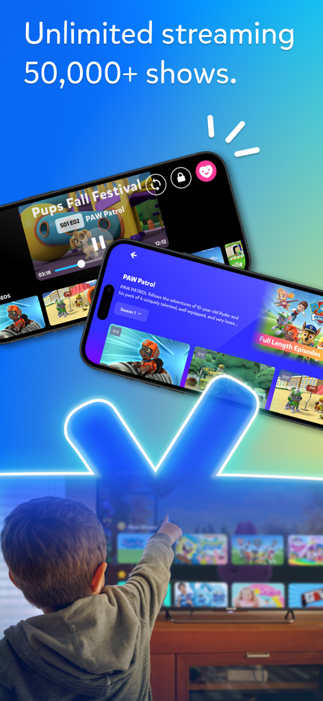 Kidoodle.TV - Safe Streaming™ - A child pointing at a TV screen with the Kidoodle TV app and two mobile phones showing PAW Patrol episodes
