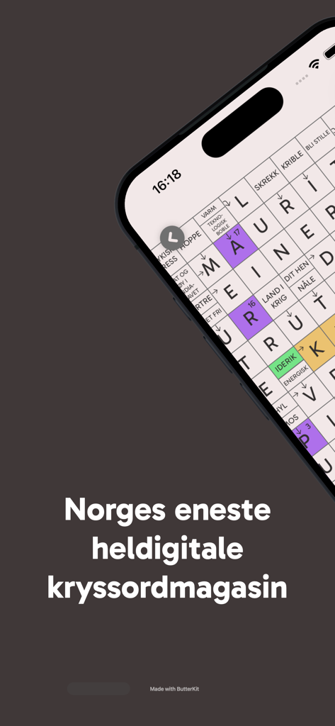 Un smartphone mostrando un crucigrama noruego de la aplicación Kryssordprinsen
