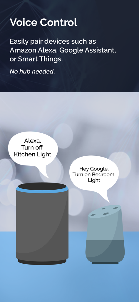 Graphic illustrating voice control compatibility of the Starfish app with Amazon Alexa and Google Assistant devices.