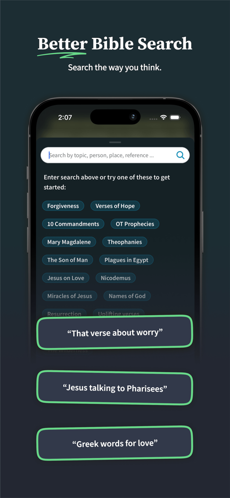 SparkBible: Bible Study - Pantalla de búsqueda de la aplicación SparkBible mostrando temas bíblicos sugeridos y ejemplos de consultas en lenguaje natural como versículos sobre la preocupación