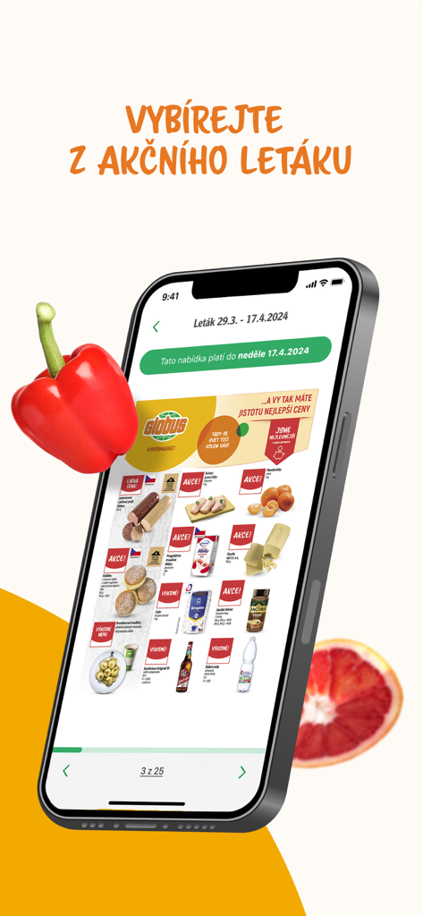 A smartphone showing the Můj Globus app digital promotional flyer with grocery deals and discounted products.