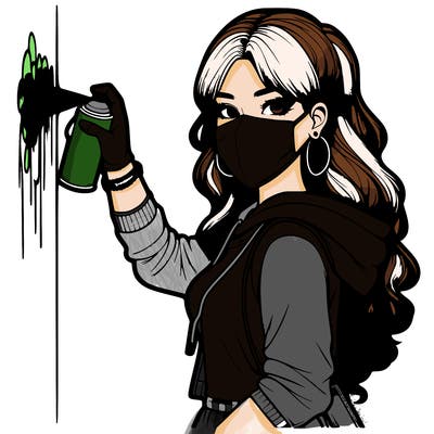 realistic girl with mask spray painting a wall