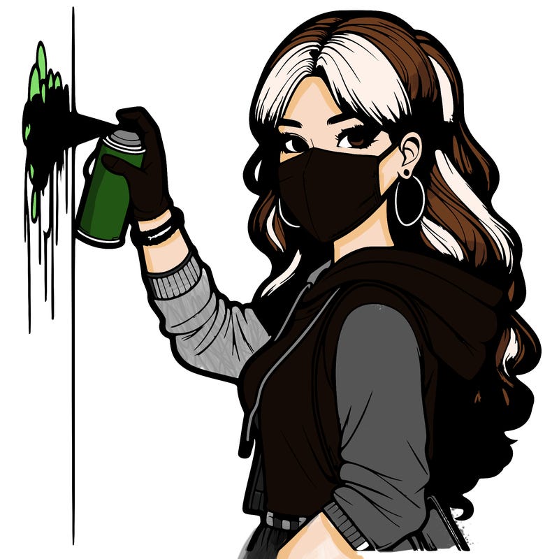 realistic girl with mask spray painting a wall