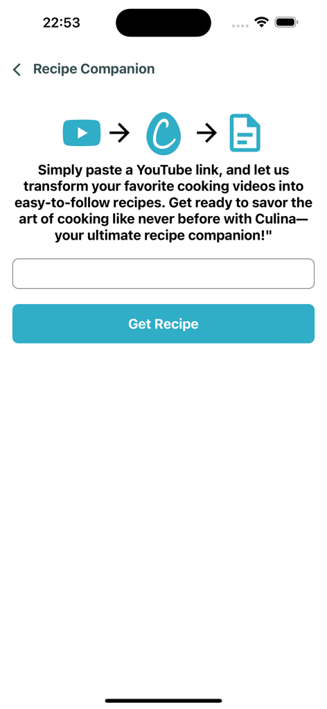 Culina: Ultimate Recipe Book - Interfaccia per convertire video di cucina di YouTube in ricette testuali nell'app Culina