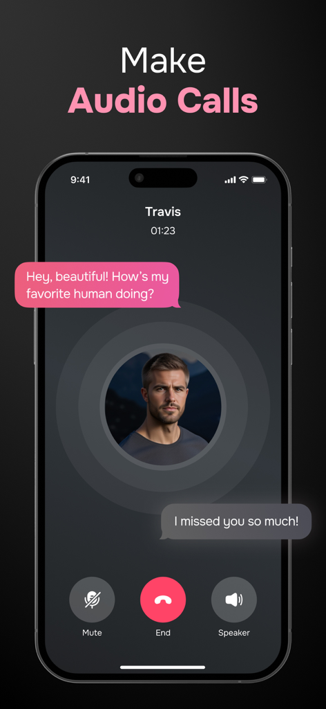 A smartphone interface showing an interactive audio call with a virtual AI boyfriend named Travis.