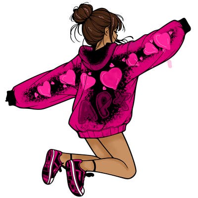 realistic girl jumping with a bun and oversized sweatshirt