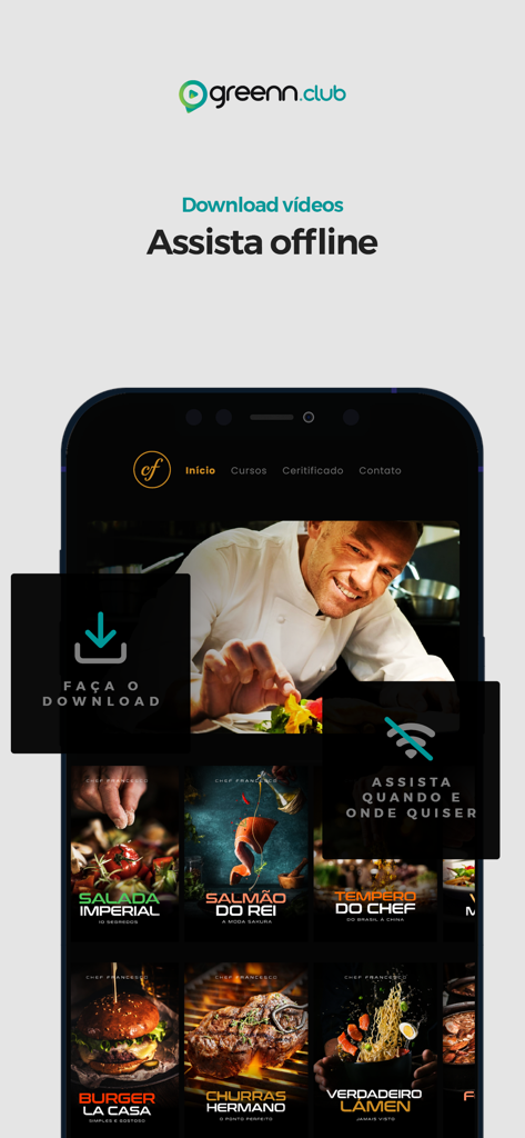 Greenn Club - Greenn Club app interface showing cooking courses and offline video download feature