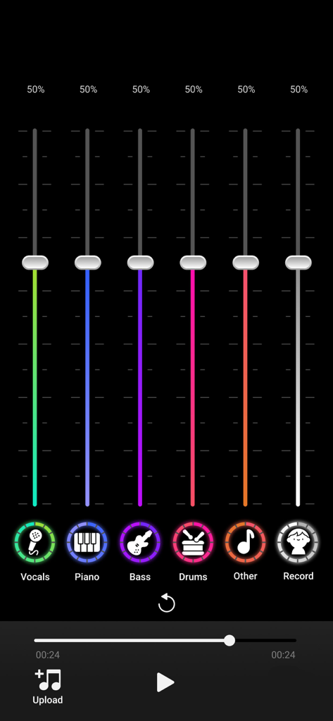 Mobile app interface showing adjustable volume sliders for vocals, piano, bass, and drums