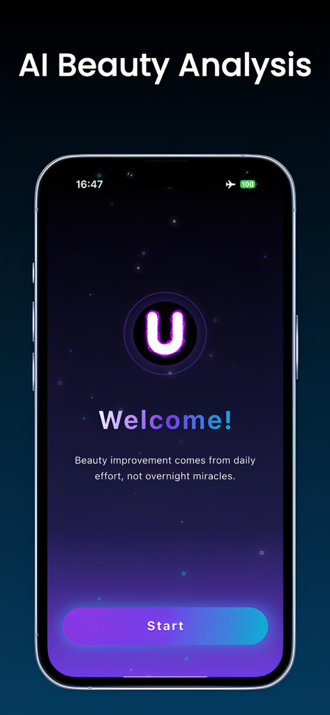 LooksMax AI Analyzer – ULooks - Tela de boas-vindas do aplicativo ULooks AI Beauty Analysis com um botão de início e citação motivacional