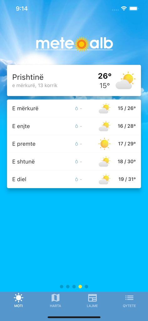 MeteoAlb - MeteoAlb app weather forecast screen for Prishtine showing current temperature and a five day forecast list