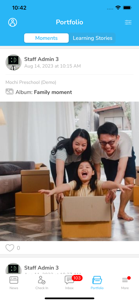 Little Family Room for Parents - Screenshot of the Little Family Room for Parents app showing a student portfolio moment with a photo of a happy family