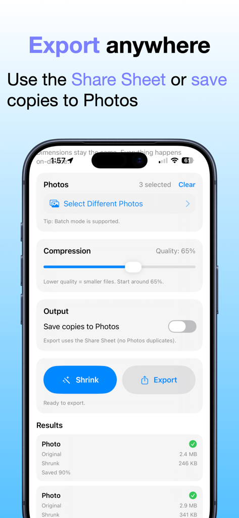 Interface showing compression results and export options in the Shrink Photo Size app