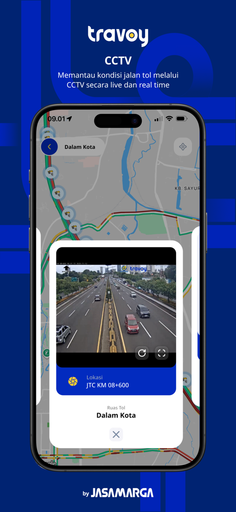 Smartphone showing Travoy app live CCTV feed of traffic on a toll road in Indonesia.