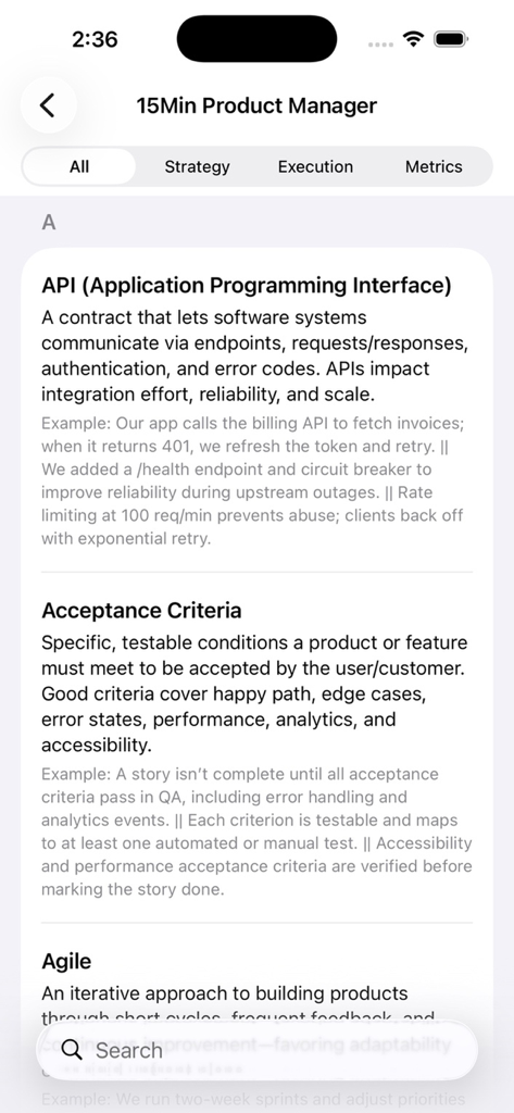 15 Min Product Manager - Glossary screen of the 15 Min Product Manager app displaying definitions for technical terms like API and Acceptance Criteria