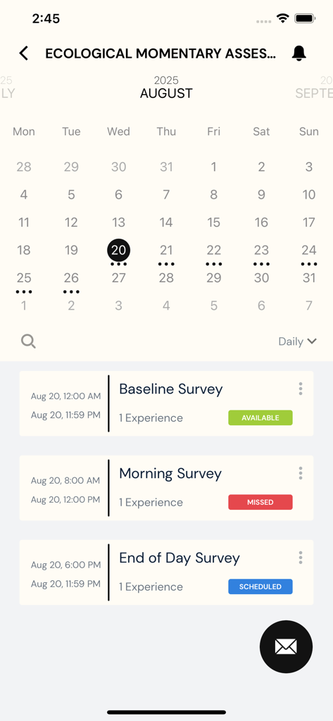ExpiWell - ExpiWell app interface showing a monthly calendar and a list of scheduled surveys with status indicators