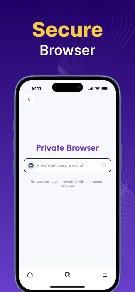 Interface do aplicativo AI Defender mostrando o Navegador Seguro e o recurso de pesquisa privada em um iPhone