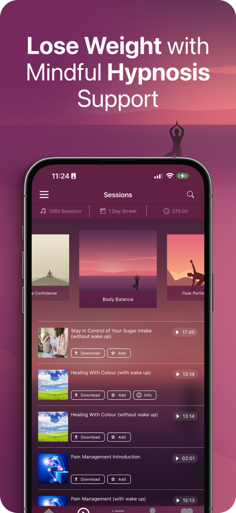 Harmony Self Hypnosis - Harmony app interface showing hypnosis sessions for weight loss and pain management
