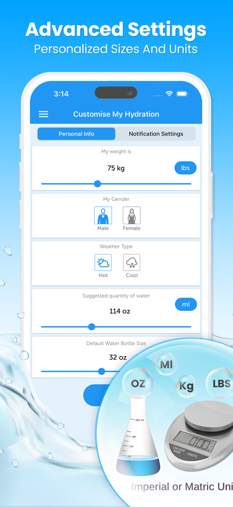 Drink Water Reminder N Tracker - Interfaz para personalizar datos de salud personal y unidades de hidratación en la app Recordatorio de Agua.