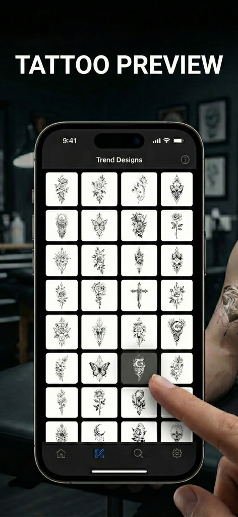 İnkscape & Pinterest Tattoo - A mobile screen showing a grid of trending tattoo designs like flowers and butterflies in the Inkscape and Pinterest Tattoo app
