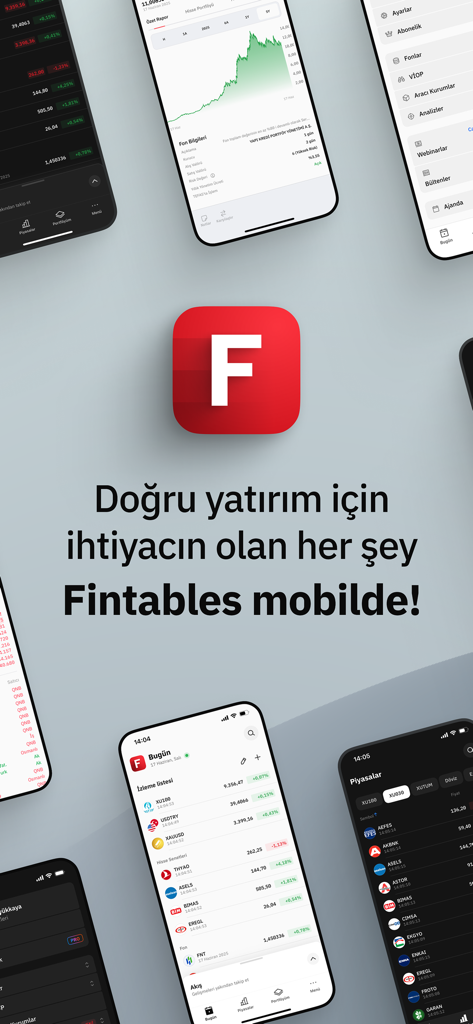 Fintables: Borsa, Hisse ve Fon - Telas do aplicativo móvel Fintables exibindo dados do mercado de ações e ferramentas de investimento financeiro