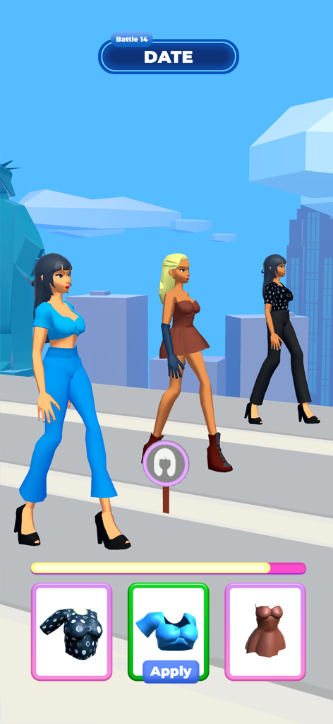 Fashion Battle: Catwalk Show - Tres modelos desfilando en una pasarela durante un juego de vestir de batalla de moda con temática de citas