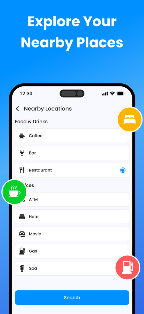 Find My Phone : GPS Tracker - Interface of the GPS Tracker app showing the Nearby Places search feature with categories for food, drinks, and local services