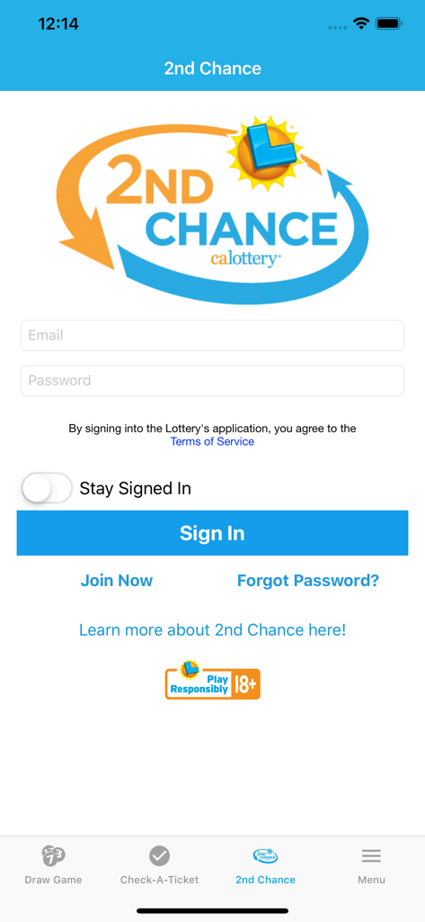 CA Lottery Official App - 캘리포니아 복권 2차 당첨 로그인 화면