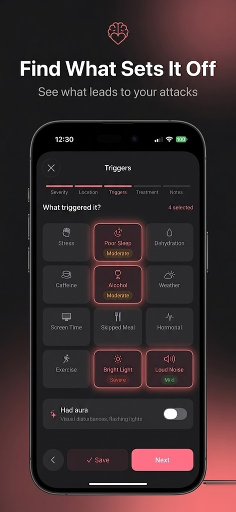 Migrena: Migraine Tracker - Migrena app interface for selecting migraine triggers such as caffeine and weather