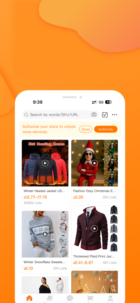 CJdropshipping - CJdropshipping App-Oberfläche, die angesagte Produkte wie Winterjacken und Pullover für die Beschaffung im Dropshipping-Shop zeigt