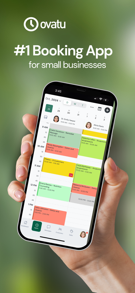 Ovatu - iPhone displaying the Ovatu booking app with a daily calendar of appointments for a small business