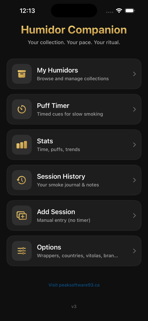 Schermata del menu principale dell'app Humidor Companion che mostra opzioni per la gestione dell'umidificatore, il timer di fumata e la cronologia delle sessioni in modalità scura.