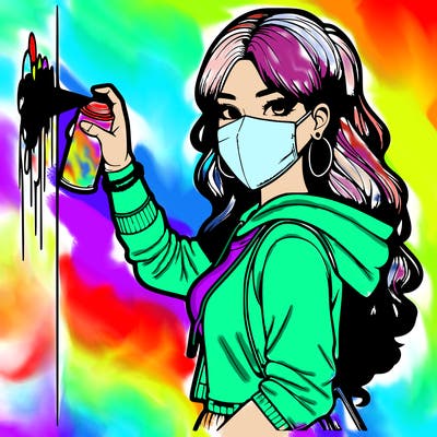 realistic girl with mask spray painting a wall