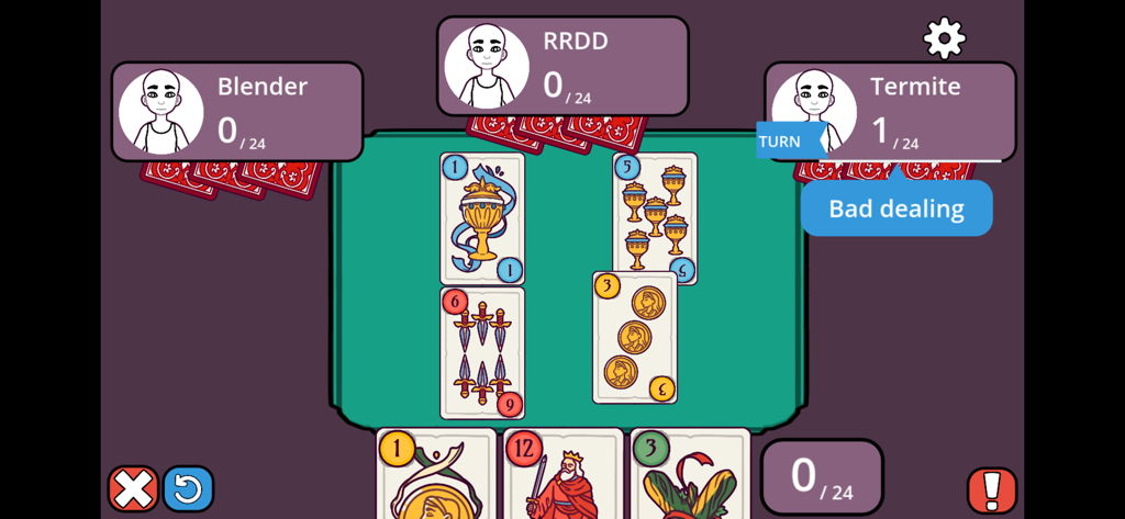Una partida multijugador del juego de cartas venezolano Caída usando naipes españoles.