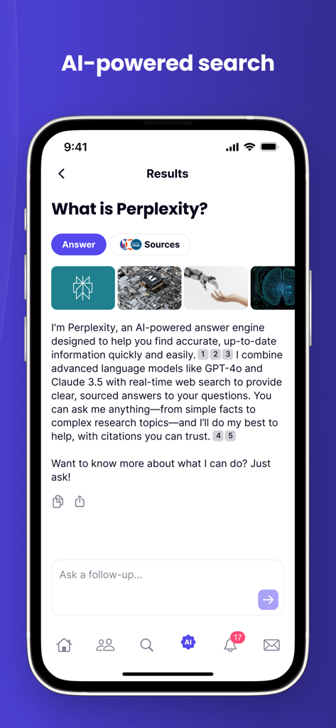 Écran de l'application Truth Social affichant un résultat de recherche alimenté par IA expliquant ce qu'est Perplexity avec des informations sourcées