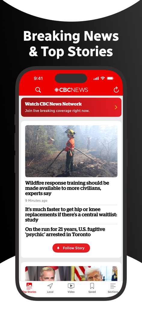 CBC News mobile app interface displaying breaking news and top stories headlines on a smartphone