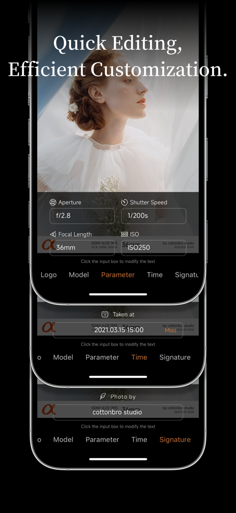 OneLine：EXIF Frame & Watermark - 絞り、シャッタースピード、個人の署名の写真メタデータカスタマイズを示すモバイルアプリインターフェース