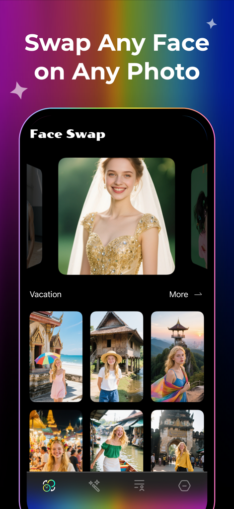 AI Face Swap Video & Photo - AI face swap app interface showing a woman face swapped into various travel photos