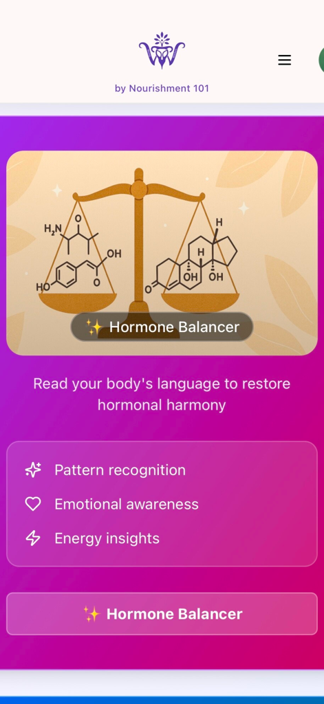 WombWisdom by Nourishment 101 - WombWisdom app screen showing the Hormone Balancer feature with a graphic of a balance scale and chemical structures