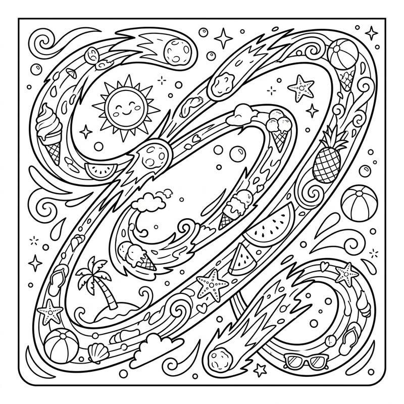 Blast off into a whimsical summer with this unique coloring page! It beautifully merges the celestial paths of comets with delightful beach vacation elements, ready for your creative touch.