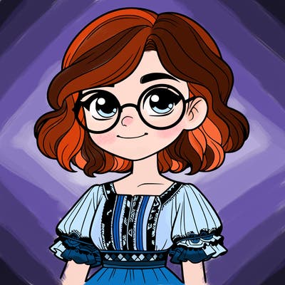 one girl with medium short hair, which are wavy. she has round glasses. she wears a latina outfit.