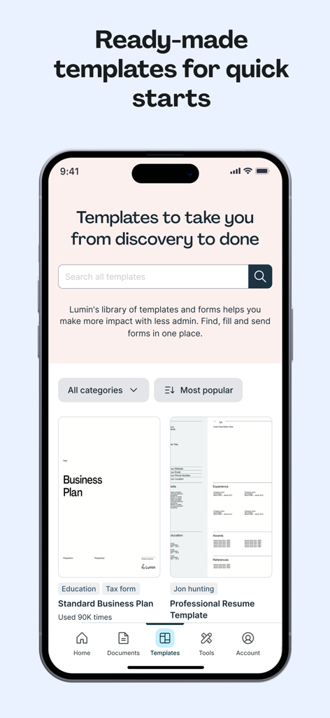 Lumin: View, Edit, Share PDF - Pantalla de la aplicación Lumin mostrando una biblioteca de plantillas PDF listas para usar para planes de negocios y currículums profesionales