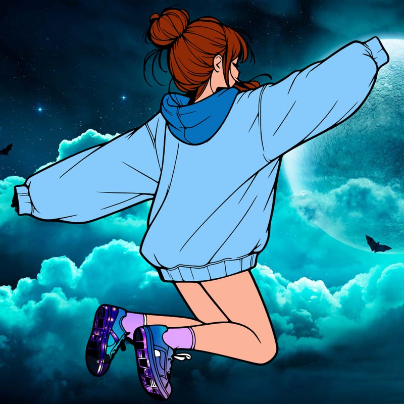 realistic girl jumping with a bun and oversized sweatshirt