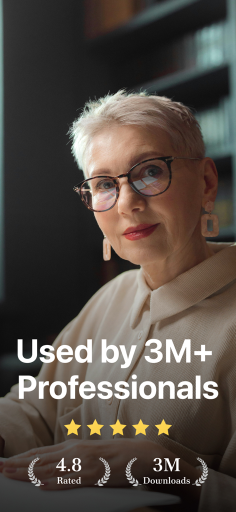 Professionelle Frau, die die eSignature-App mit 4,8 Sternen und 3 Millionen Downloads repräsentiert