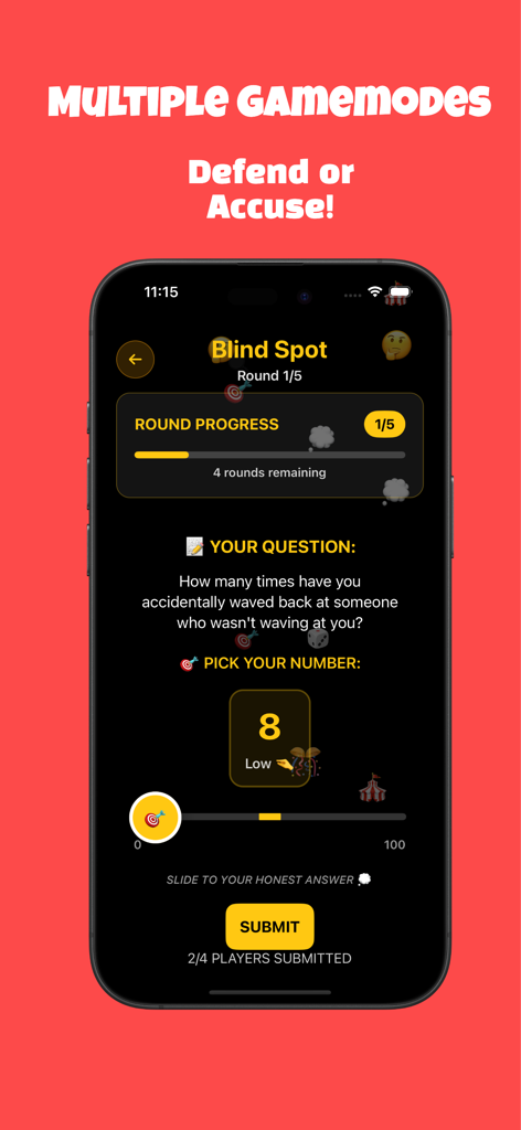 Pick'd - The Social Party Game - Interface of the Pick'd social party game showing the Blind Spot game mode where players answer humorous questions using a slider.