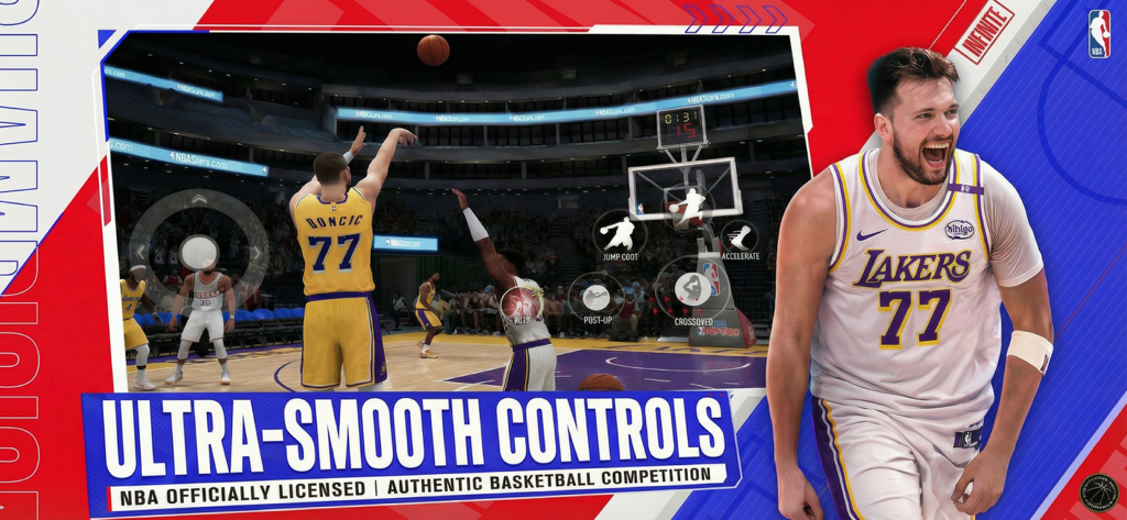 Jugabilidad de NBA Infinite con Luka Doncic tirando a canasta con controles móviles en pantalla.